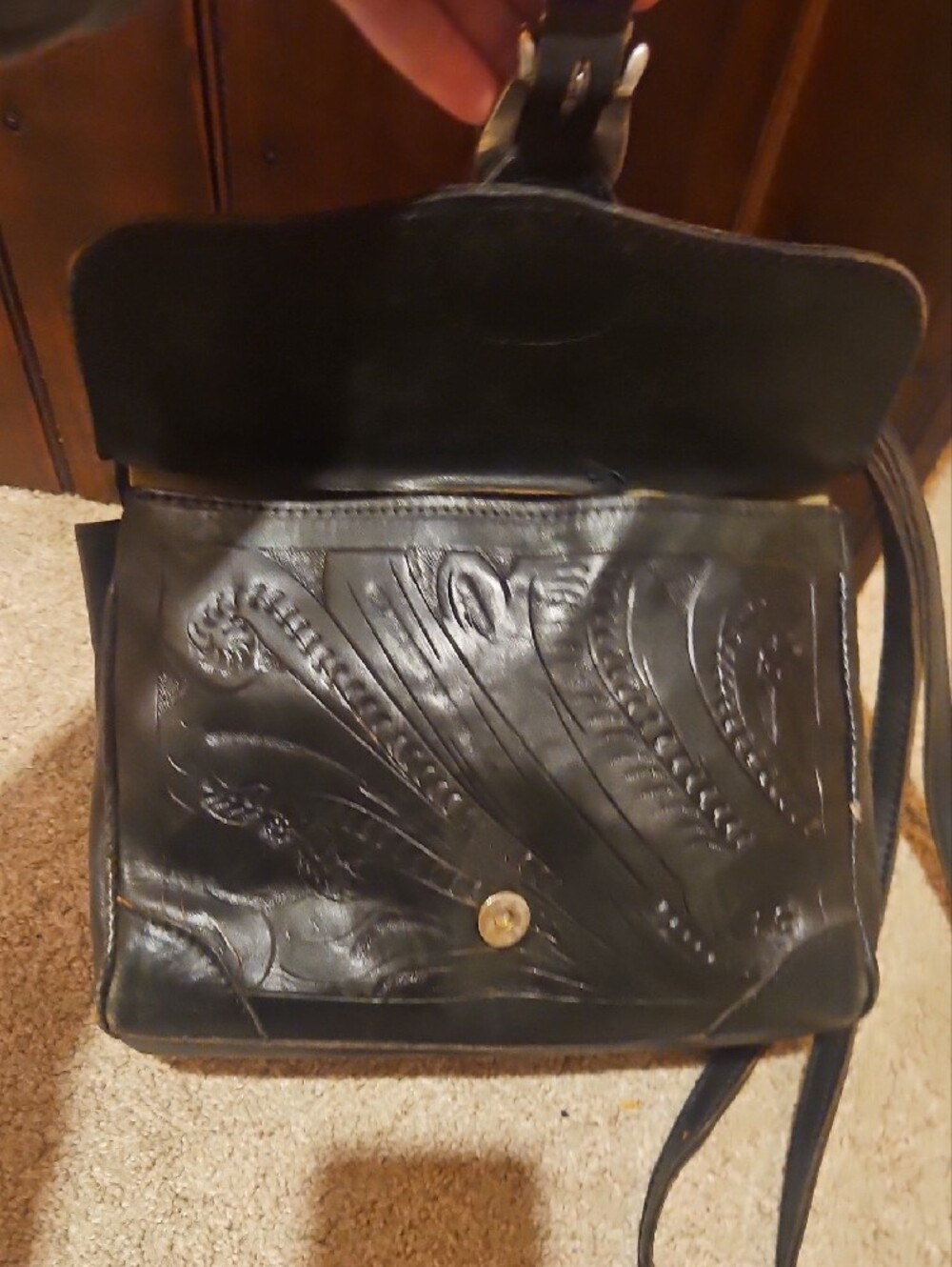 Vintage Hand-Tooled Black Leather Satchel with Silver Buckle - Picture 6 of 6